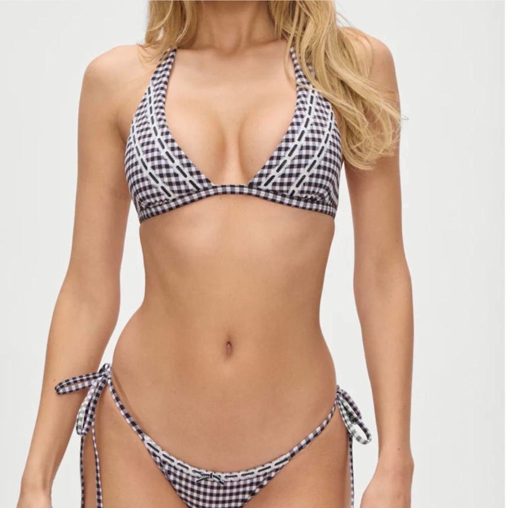 frankie’s bikini black and white gingham bikini.